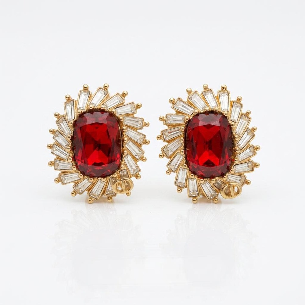 Vintage Christian Dior Signed Red Crystal Earrings, Gold Tone Rhinestone